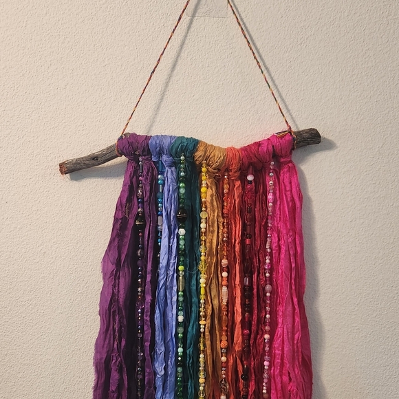 Persephone's Daughter Other - Boho Sari Silk Ribbon and Glass Bead Wall Hanging